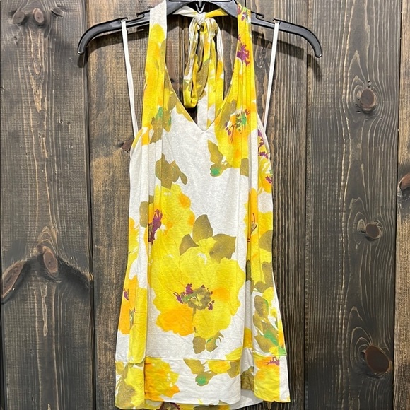 Anthropologie Postmark Shimmer Halter Top M Floral Yellow Metallic Y2K Boho - Picture 1 of 7